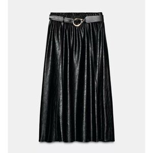 Zara Black Faux Leather Belted Midi Skirt